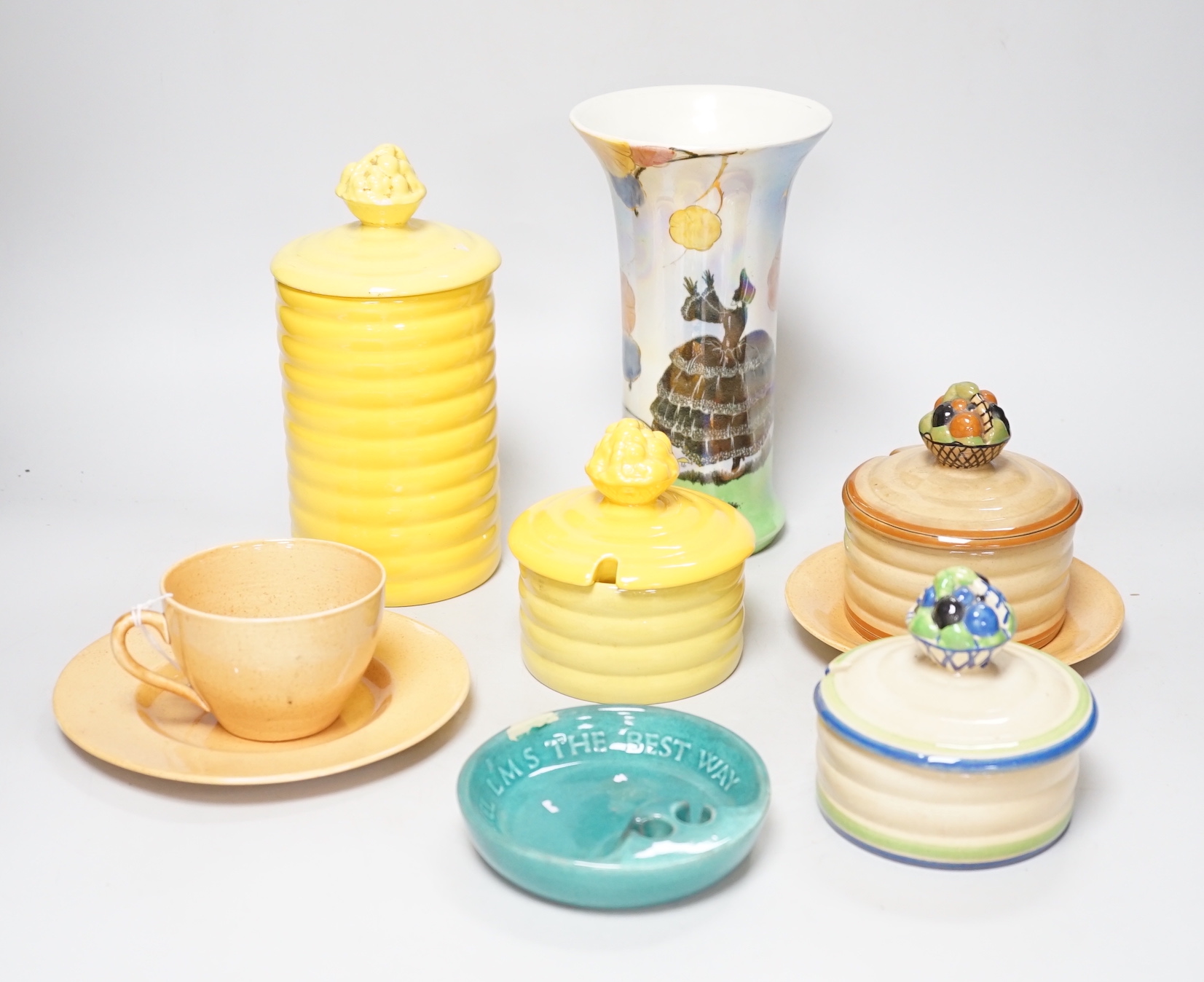 A collection of Ashstead pottery, 1920’s/early 1930’s, together with a large pottery vase and a lustre vase decorated with a crinoline lady, the largest 20cm high